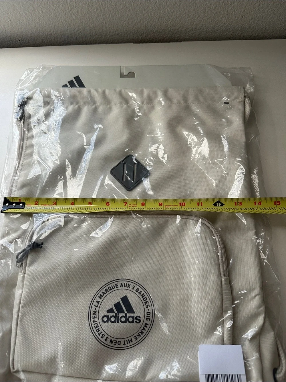 Adidas Beige Drawstring Gym Backpack with Front Zip Pocket